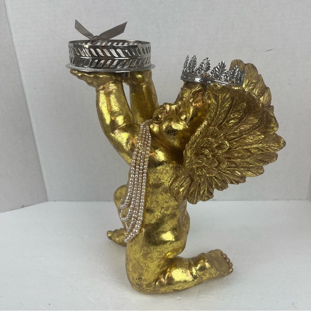 Shabby Chic Vignette decor-golden Cherub Angel w/ silver tray & vintage pearls.